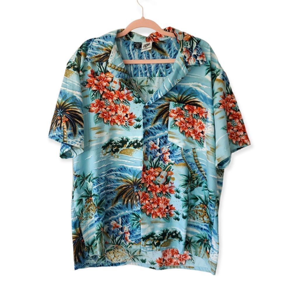 𝅺vintage Kennington‎ | EUC 90s Blue Floral Palm Hawaiian Shirt Size XL
